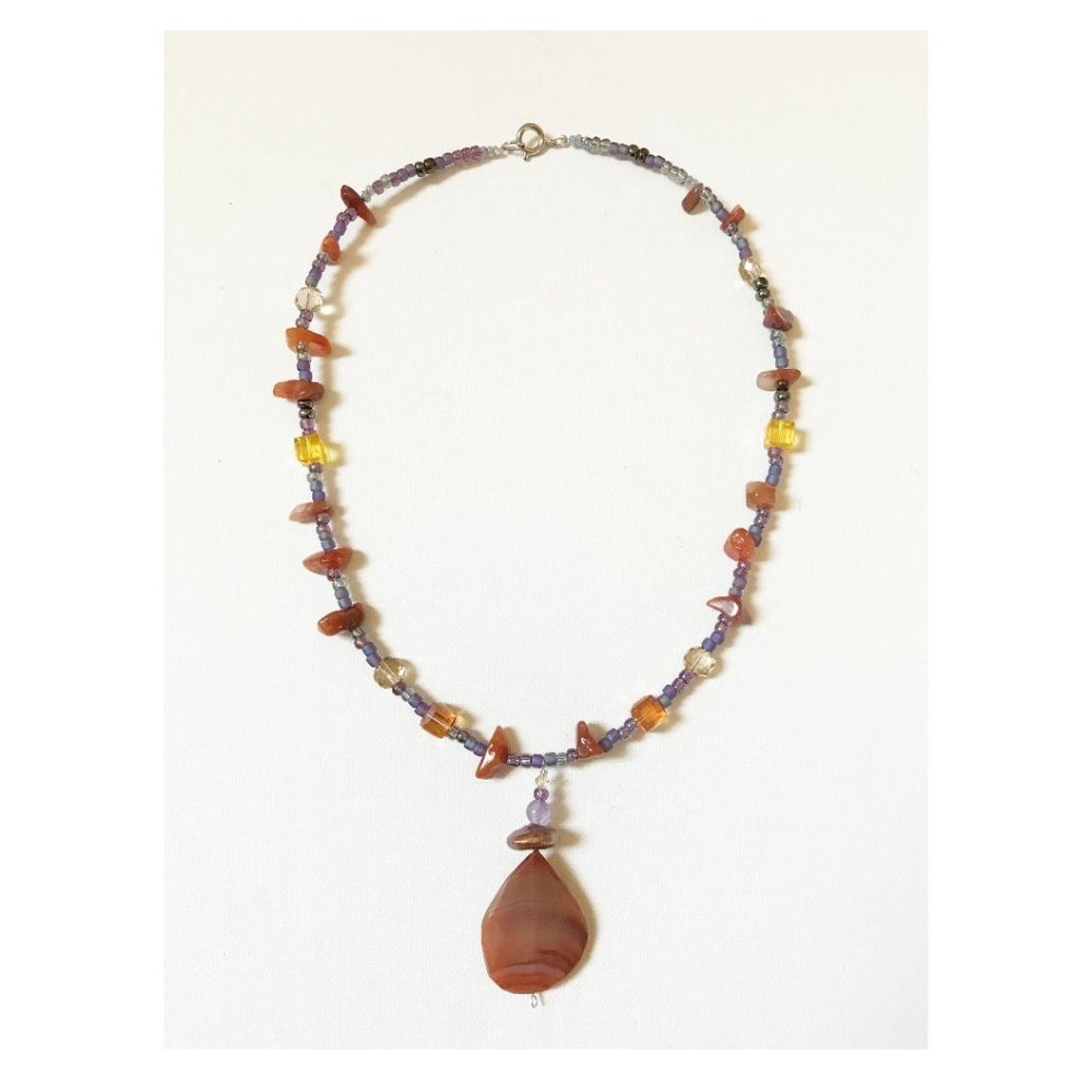 Fiery Sunset Necklace Carnelian Gemstone Crystal Pearl Summer Orange Yellow Gold